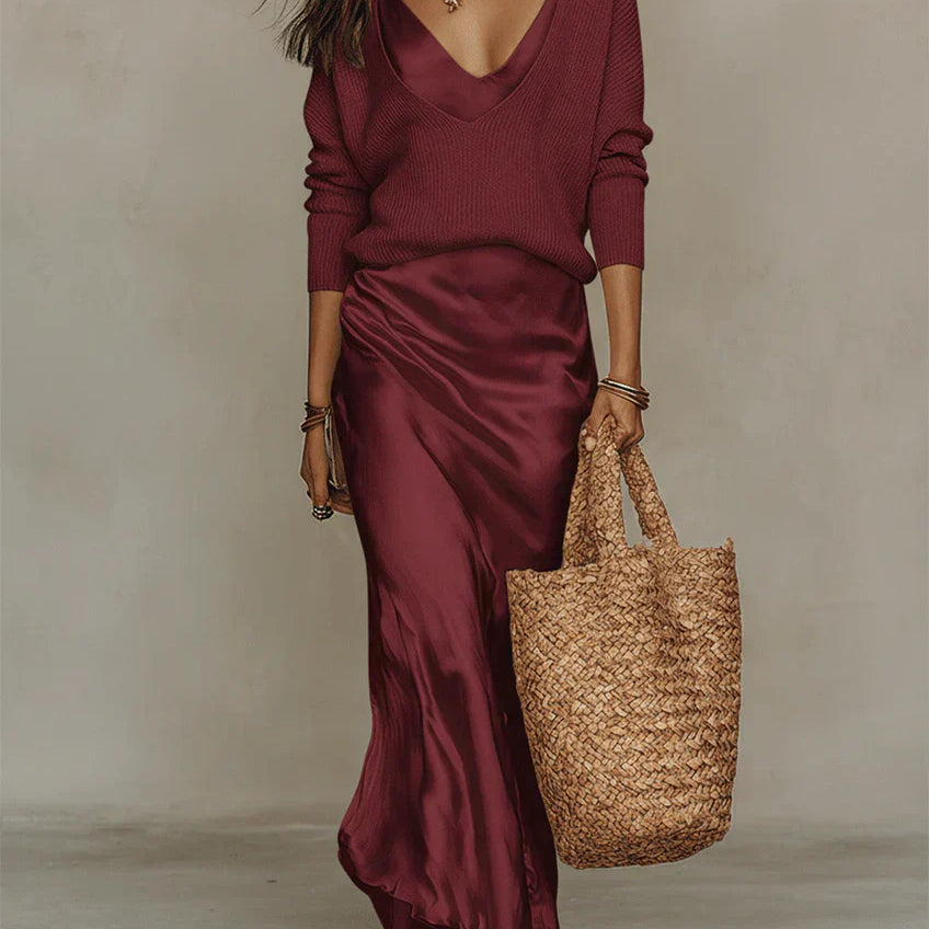 Elena | Midi Satin Dress with Included Sweater