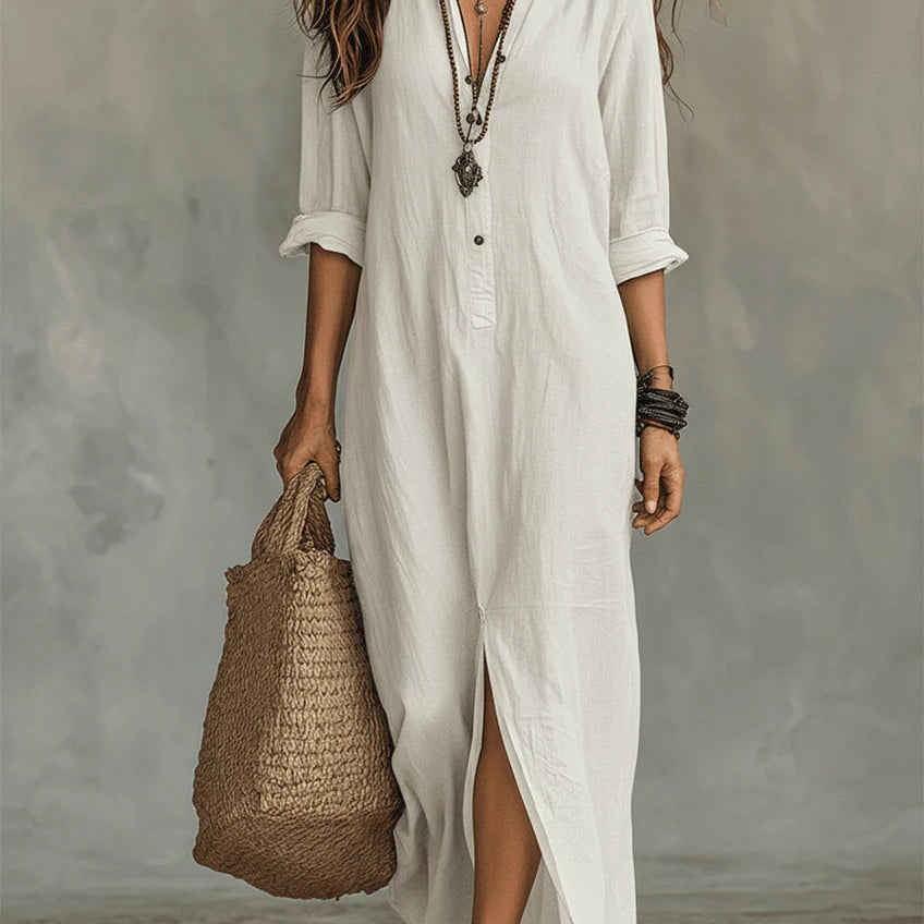 Violet | Relaxed V-Neck Button Maxi Dress