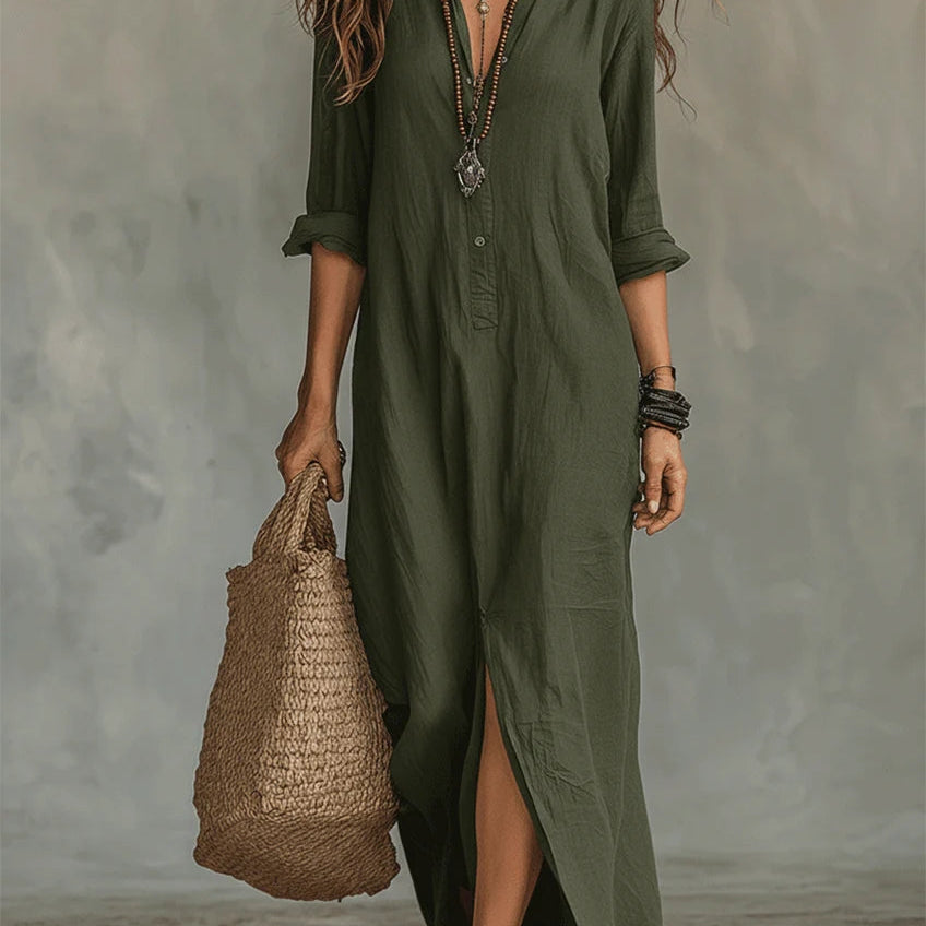 Violet | Relaxed V-Neck Button Maxi Dress