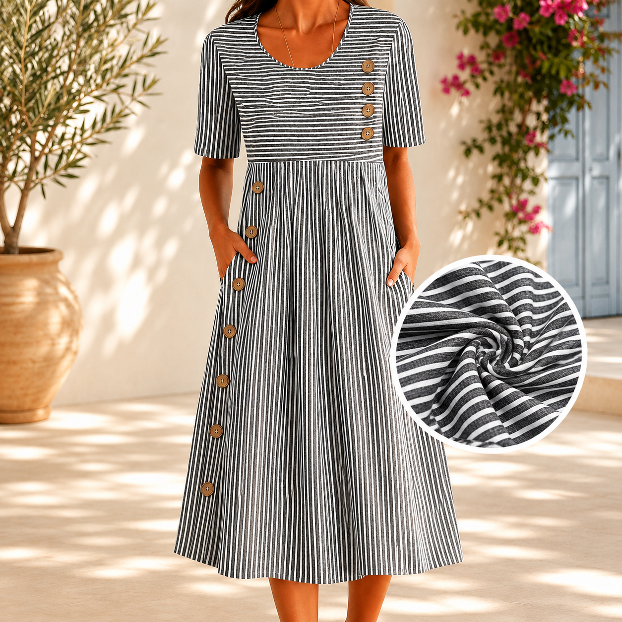 ISABELLE | ELEGANT TUMMY-FLATTERING STRIPED MIDI DRESS