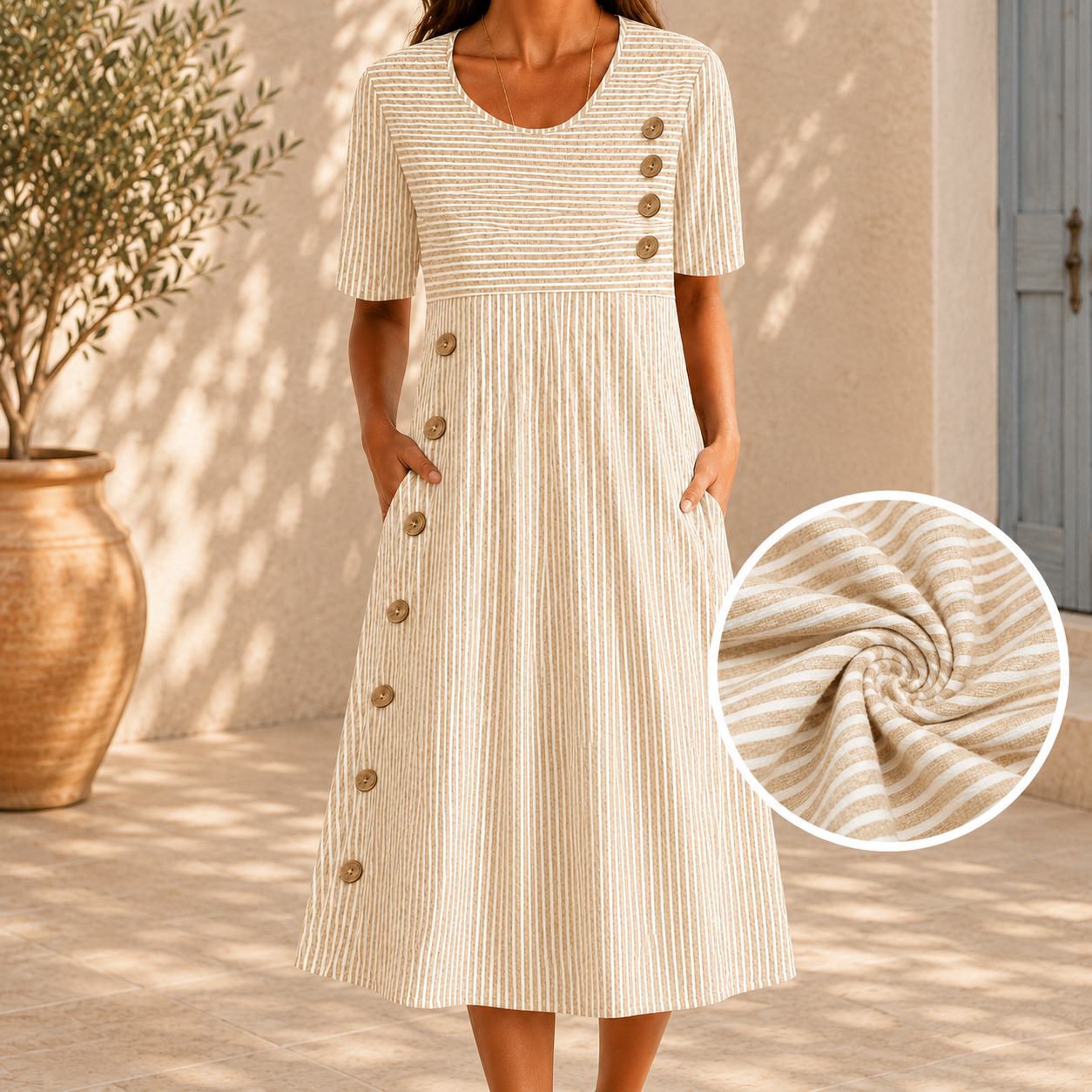 ISABELLE | ELEGANT TUMMY-FLATTERING STRIPED MIDI DRESS