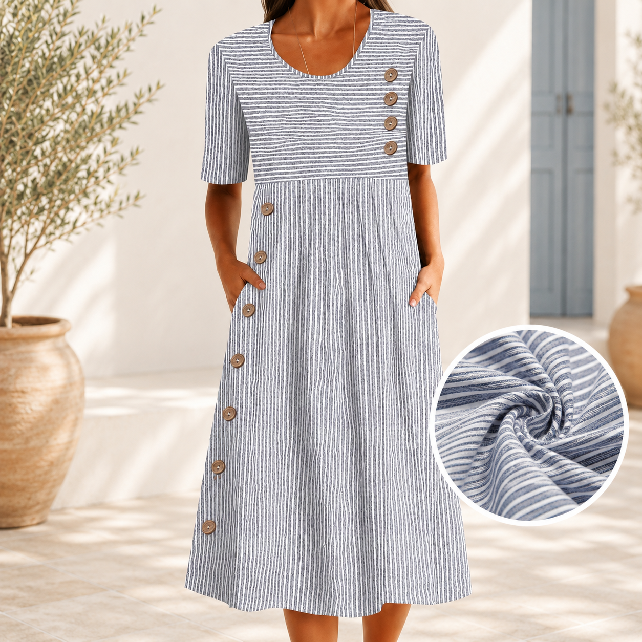 ISABELLE | ELEGANT TUMMY-FLATTERING STRIPED MIDI DRESS
