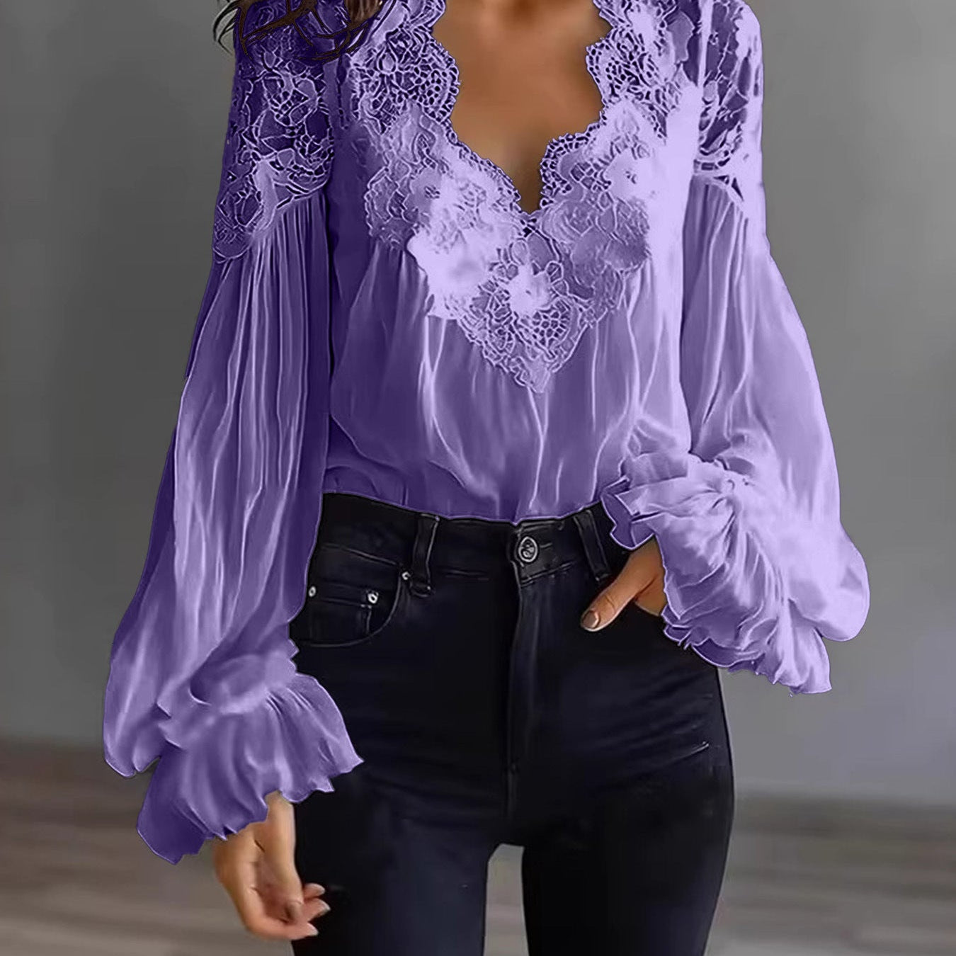 Grace | Floral Lace Scallop Neck Lantern Sleeve Blouse
