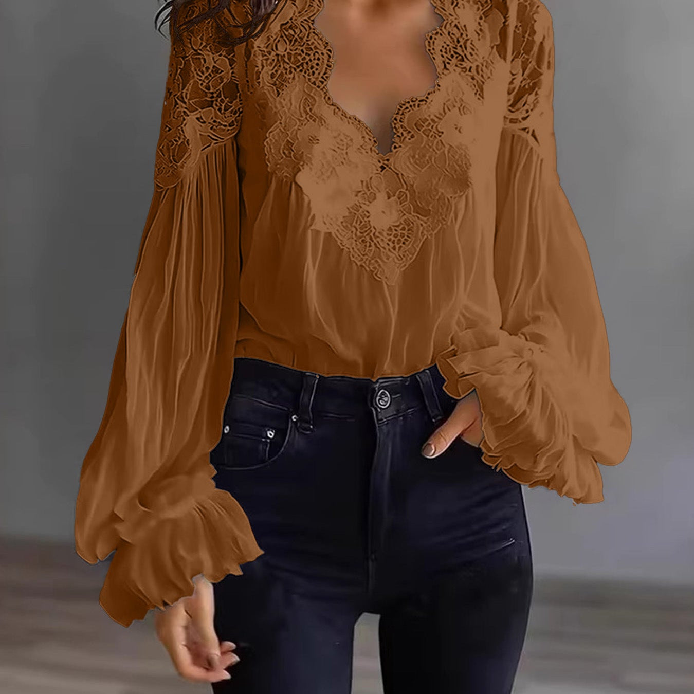 Grace | Floral Lace Scallop Neck Lantern Sleeve Blouse