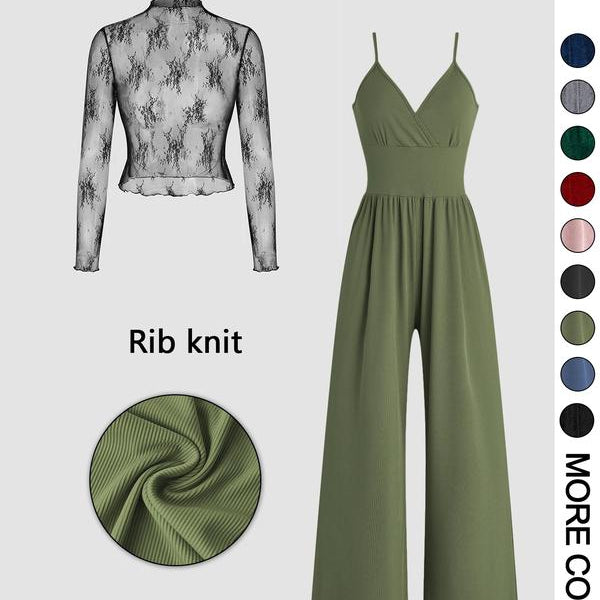 Maryam | Solid Color Lace Tee & Pocket Jumpsuit Set
