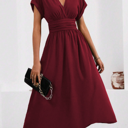 Lucyndra | V Neck Pleated Waist Midi Dress
